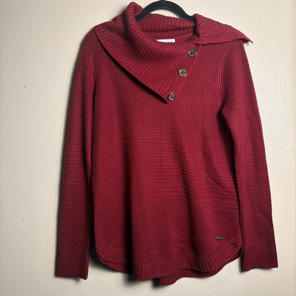 Calvin Klein Women's Cowl Neck Knit Pullover Sweater Plaid Red Gold Holiday S